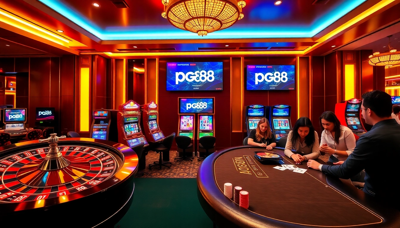 Exciting pg88 online gambling action at a luxurious casino setting with roulette and slot machines.