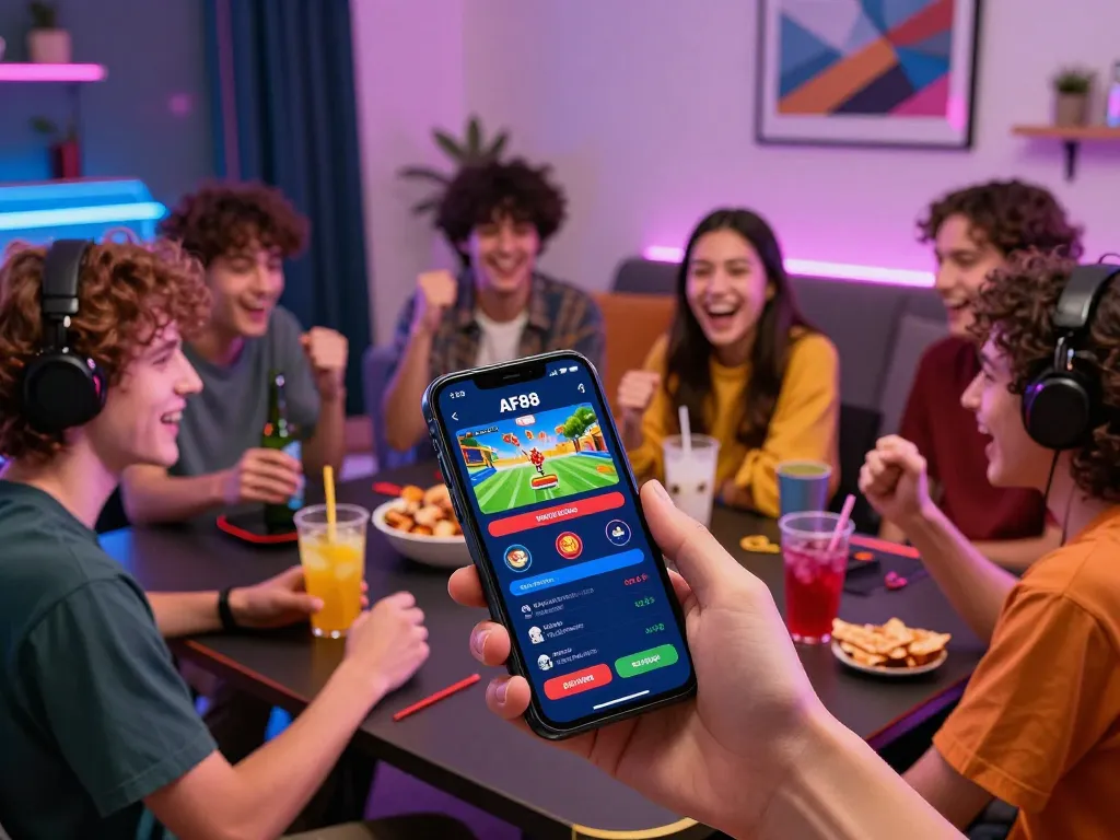 Friends enjoying the AF88 gaming app in a lively living room setting, showcasing the excitement of online betting.