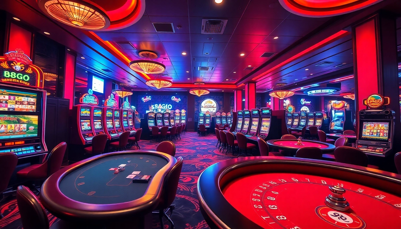 Experience the excitement at casino 88GO with vibrant gaming tables and slot machines.