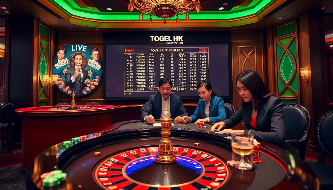 Togel HK players actively participating in a live draw at a luxurious casino, highlighting an exciting gambling atmosphere.