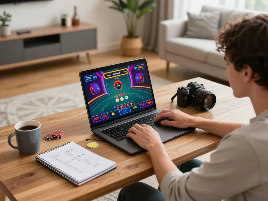 Engage in thrilling online gaming at https://xx88.video/ with a cozy home setup featuring a laptop and betting notes.