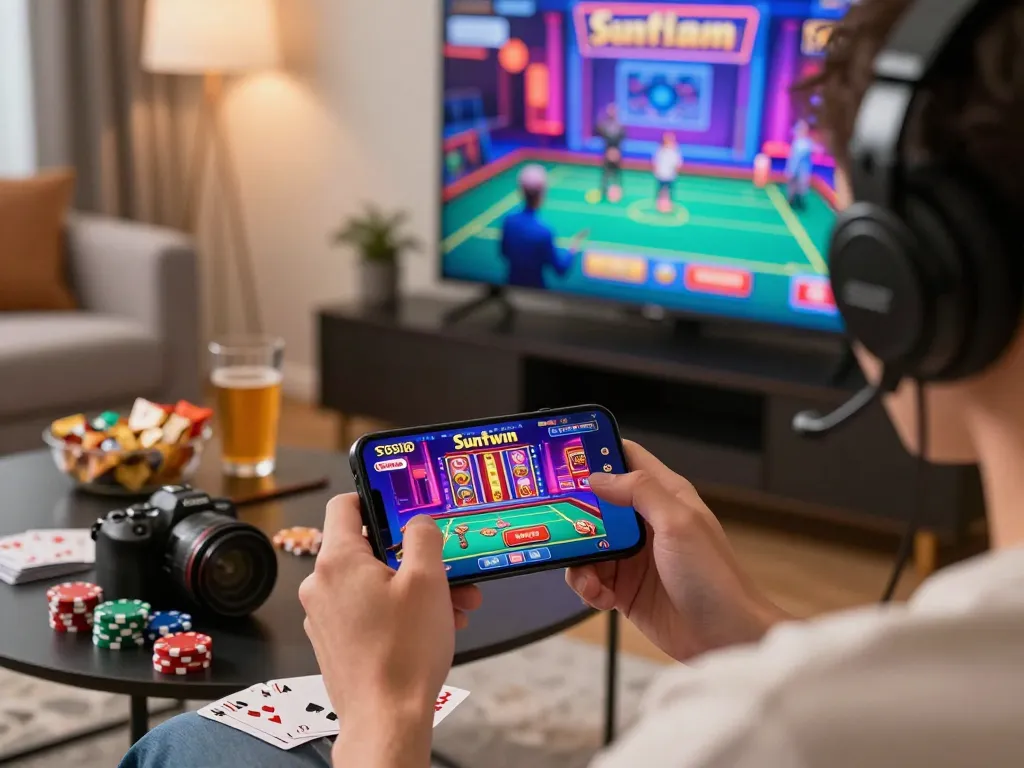 Engaging online gaming scene featuring the Sunwin chính thức app on a smartphone with vibrant graphics and relaxed atmosphere.