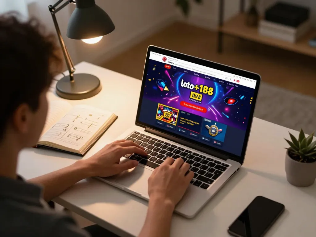 Engaging online gaming experience with loto+188 displayed on a laptop screen, promoting responsible gambling.