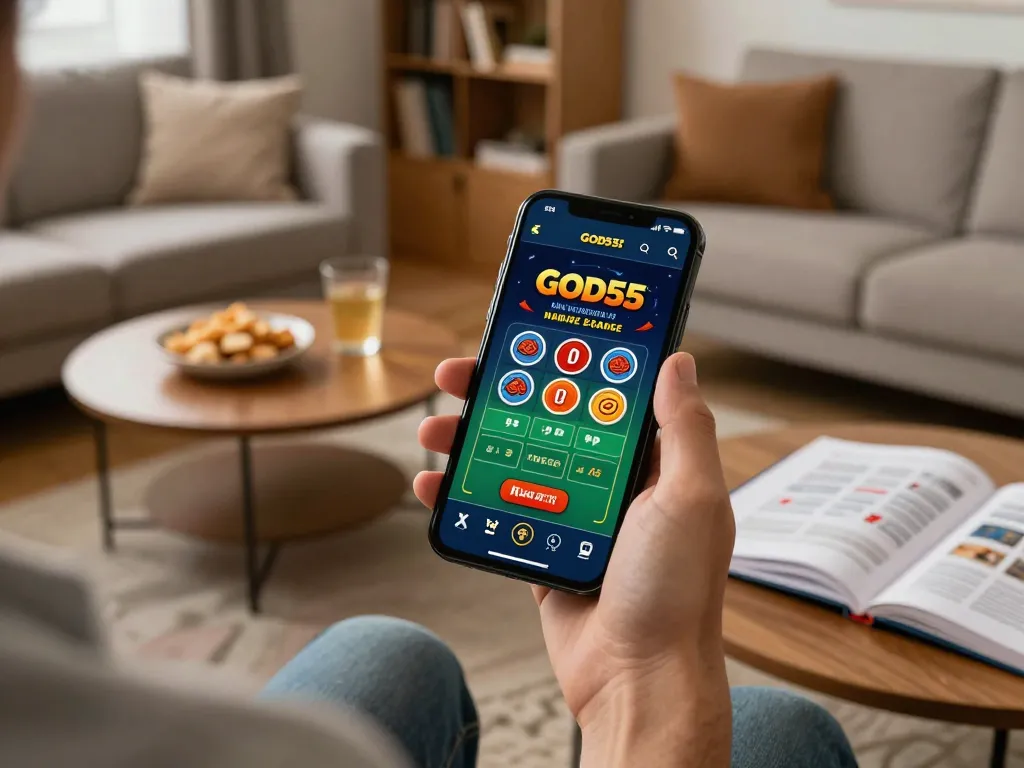 Experience online gaming with God55 app on smartphone in a cozy living room while enjoying snacks.