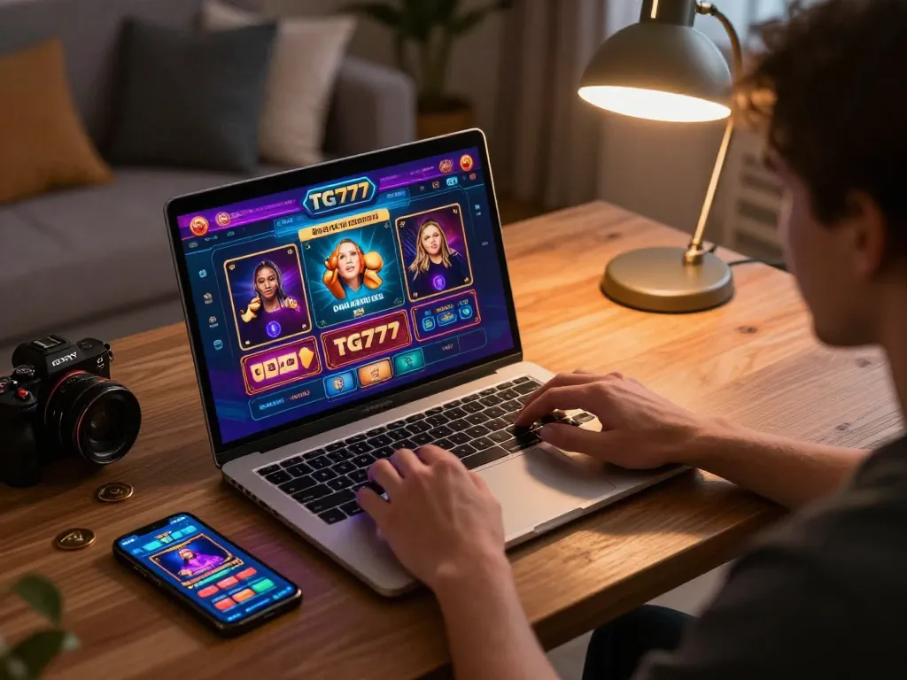 Player immersed in a TG777 online casino session, showcasing a laptop's vibrant interface and smartphone app in a cozy home setting.