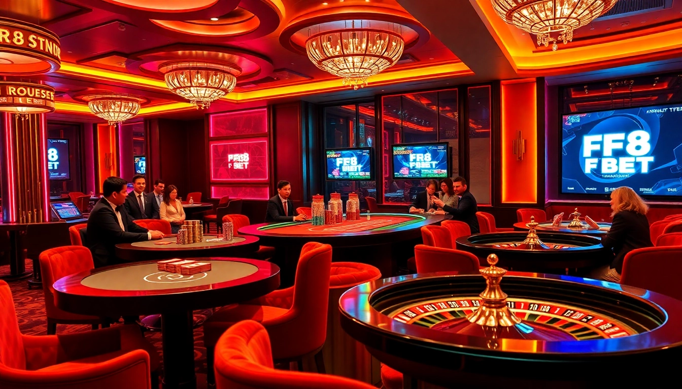 Experience the thrill of F8BET at a luxurious casino table with vibrant poker action.