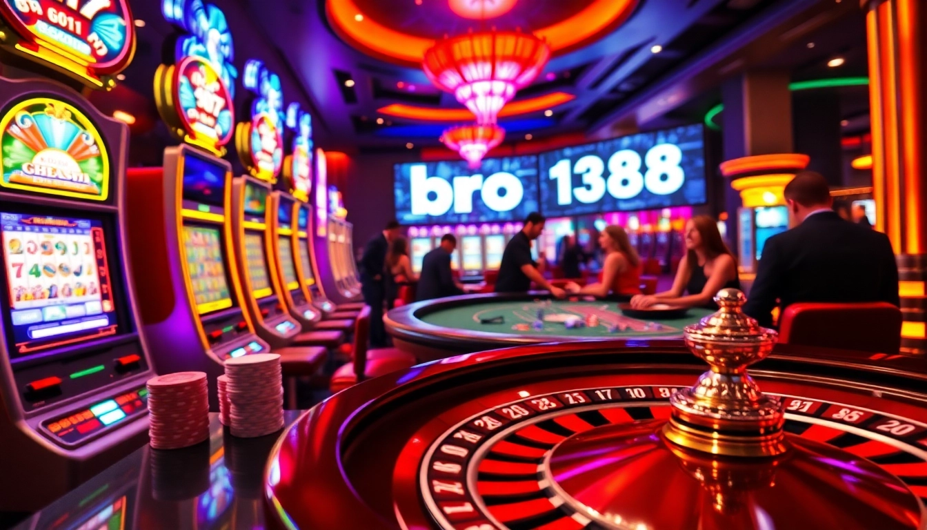 Experience fun and excitement at bro138 with vibrant slot machines and poker tables in a bustling casino.