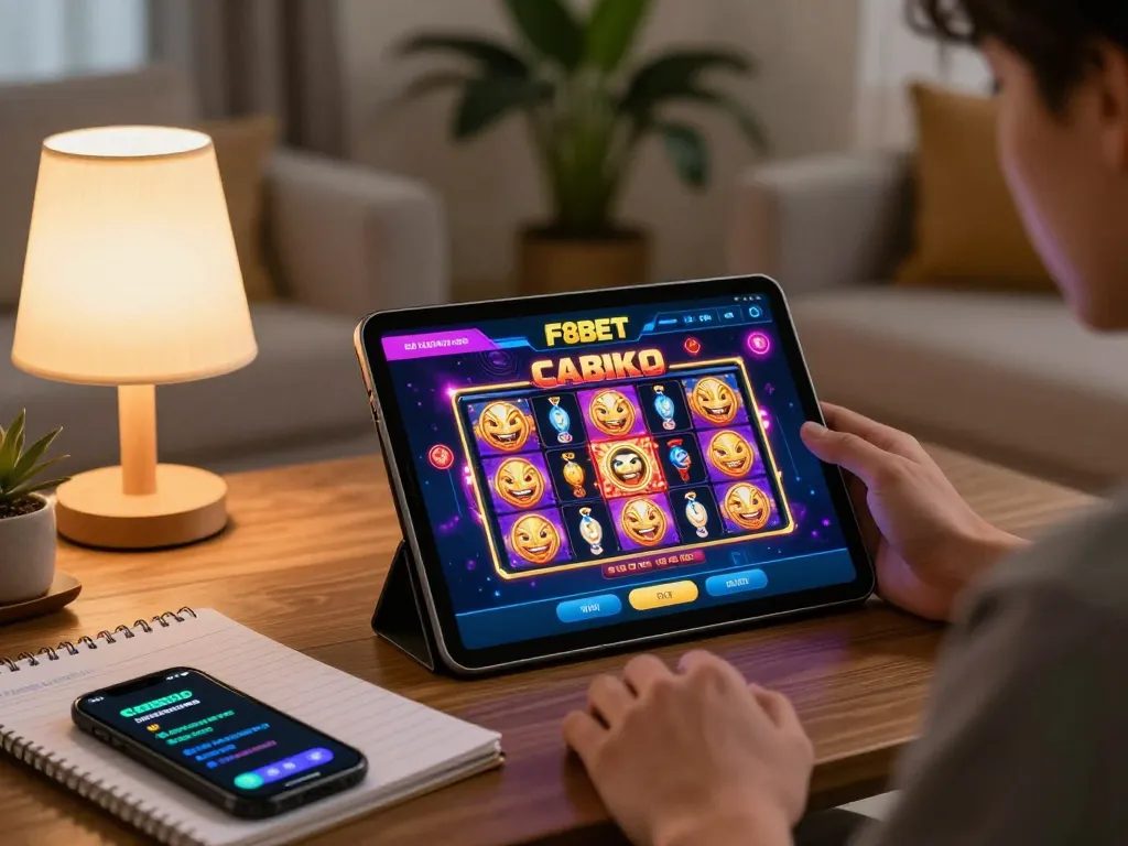 Player enjoying the F8BET casino app on a tablet in a cozy living room setting.