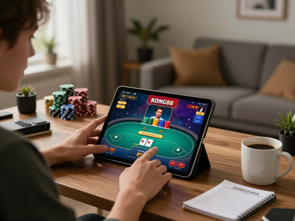 KONG88 poker player engaged in an online game, surrounded by colorful chips and strategy notes.