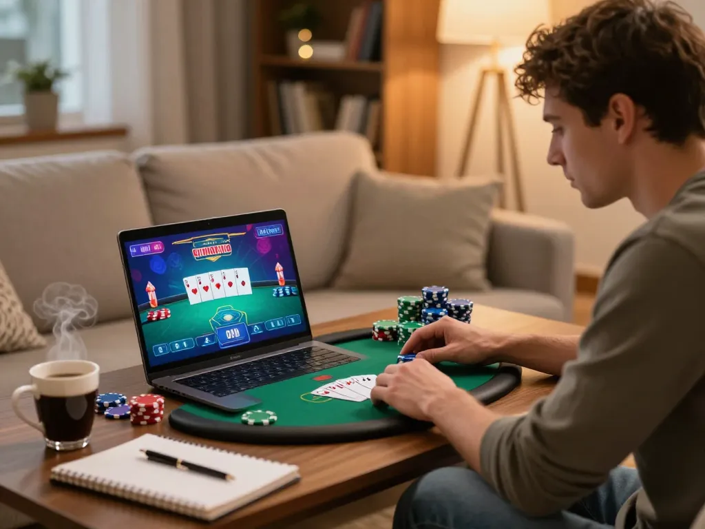 Player engaged in a poker game on F8BET at home, focusing on strategic gameplay.