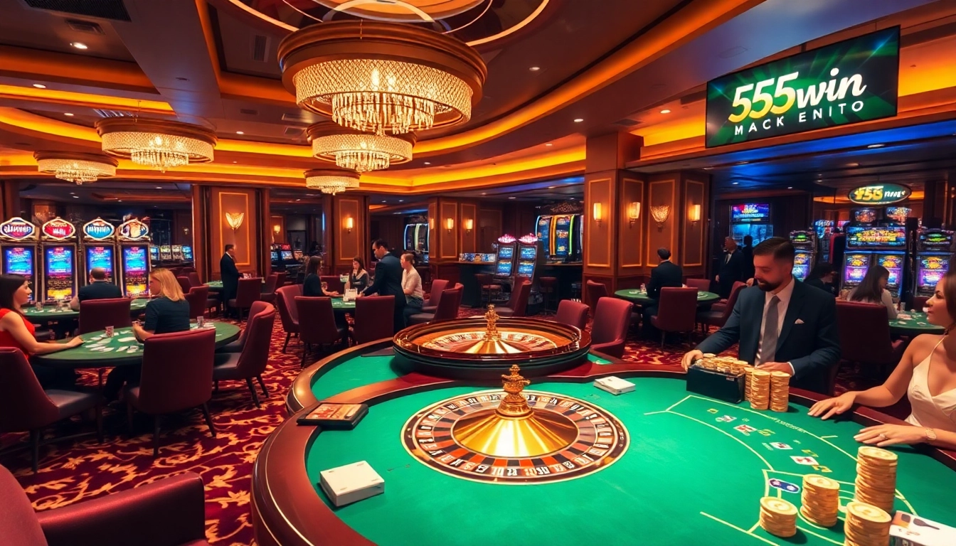 Players enjoying a vibrant casino experience at 555win with poker tables and roulette wheels.
