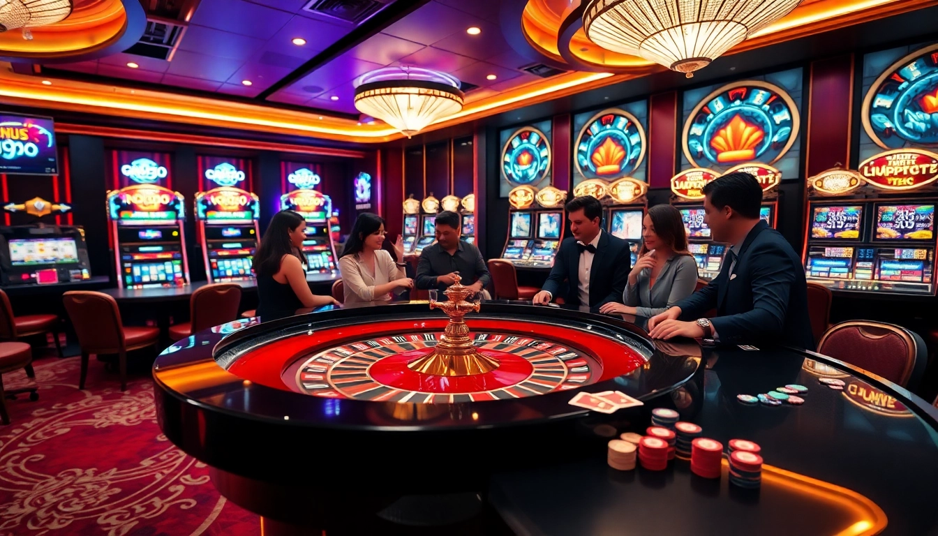 Nohu90 players enjoying a thrilling casino experience with slot machines and roulette.