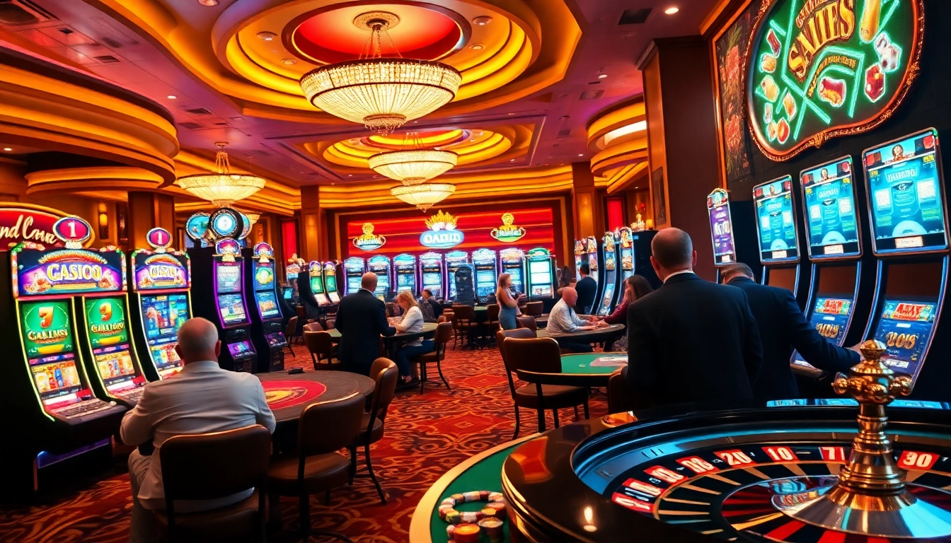 Experience thrilling slot gacor gameplay at a lively, luxurious casino with vibrant lights and eager players.