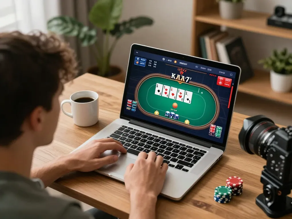 Engaging with online poker at https://sc88.games/ on a cozy home setup, showcasing gameplay and strategic focus.