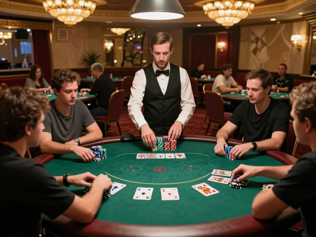 Players strategizing at a poker table in XX88's upscale casino, highlighting excitement and engagement.