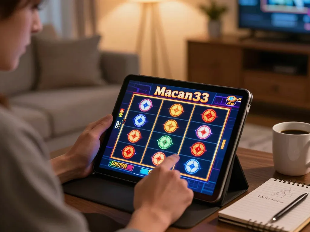 Engaging player spinning macan33 slots on a tablet in a cozy, modern environment
