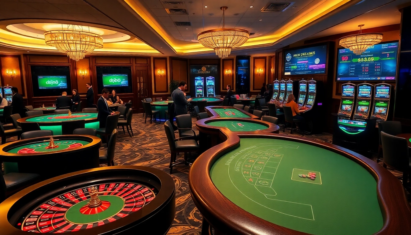 Experience a luxurious gaming atmosphere at dh88 casino with vibrant roulette and slot machines.