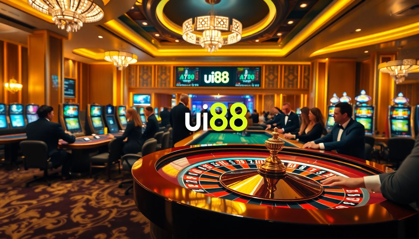 Engaging gamblers in a lively casino featuring uu88 logo, poker chips, and a roulette wheel.