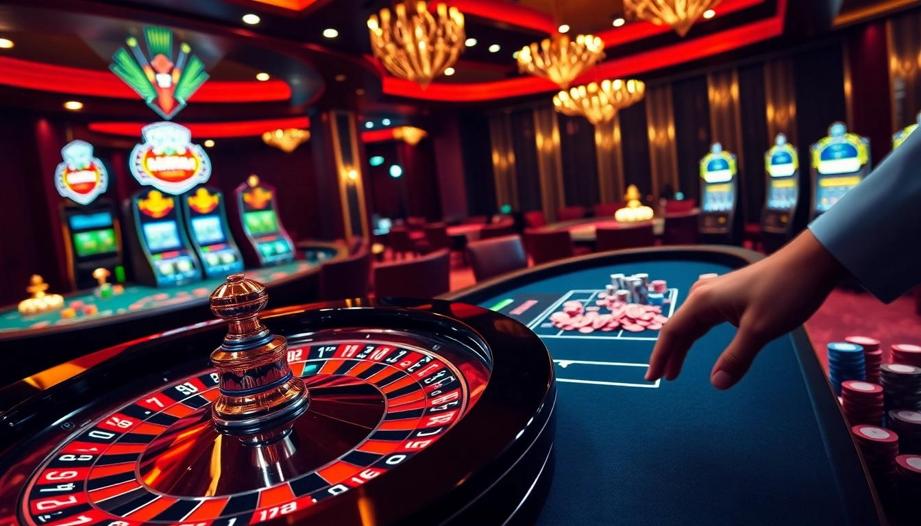 Experience juragan77's thrilling betting action at an elegant casino with vibrant roulette and poker tables.
