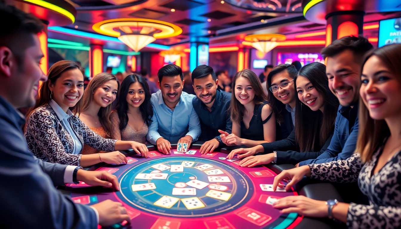 Engaged players enjoying the top game bài đổi thưởng at a modern casino table with vibrant lights.