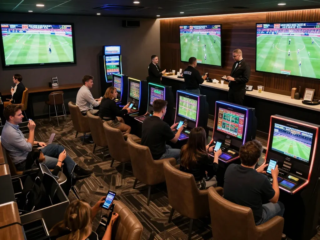 open88 sports enthusiasts placing bets in a vibrant gaming lounge with live screens