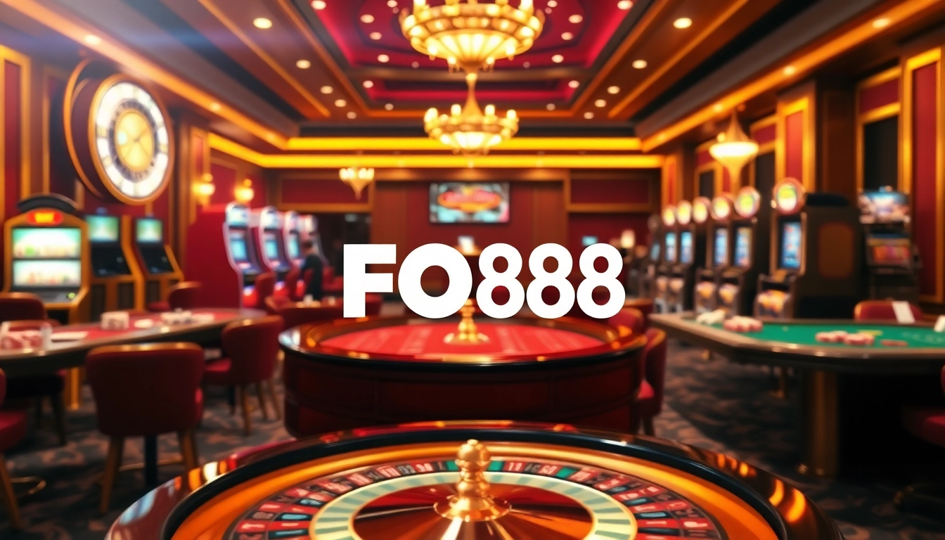 Experience the thrill of gaming at FO88, showcasing a luxurious casino atmosphere with roulette and poker tables.