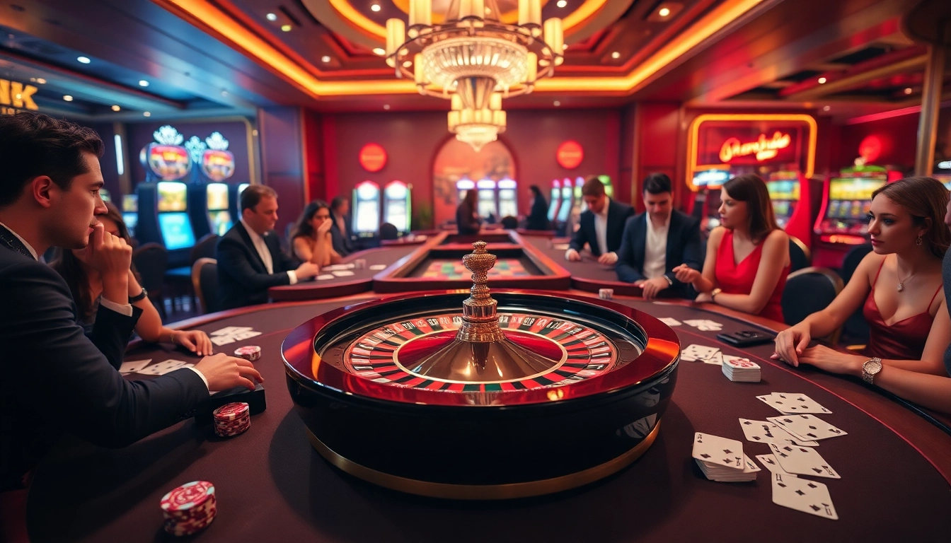 Exciting gaming atmosphere at https://lc88.co.com/ with vibrant roulette wheel and poker tables.
