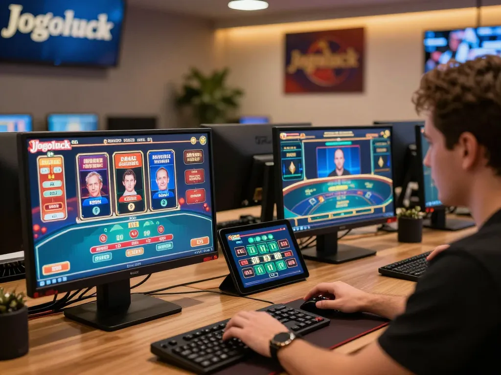 Player engaged in online gaming at Jogoluck, showcasing multiple screens with exciting casino action.
