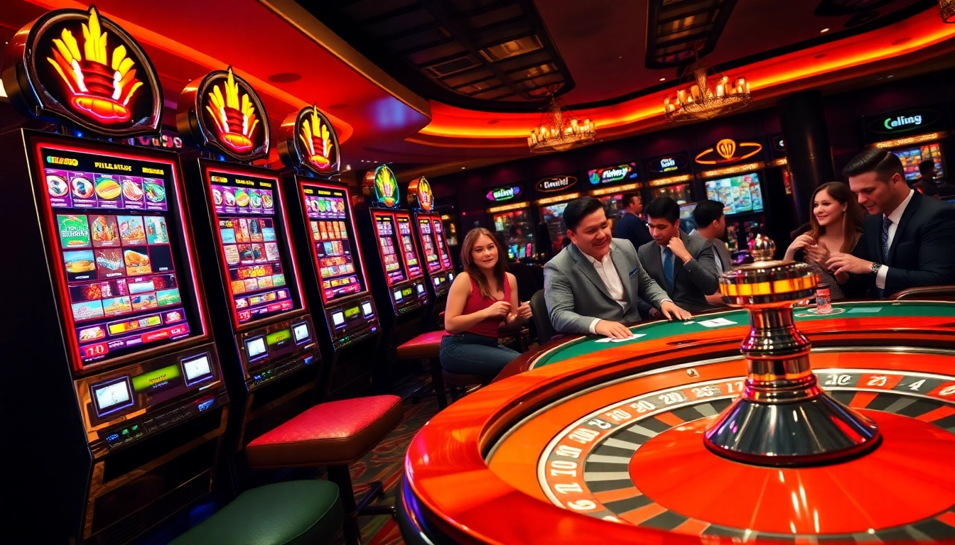 Excited players enjoying the vibrant idnslot gaming experience at a luxurious casino.