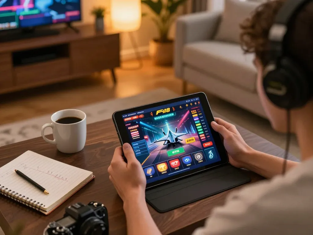 Player engaging with F168 online casino platform on tablet in cozy home setting.