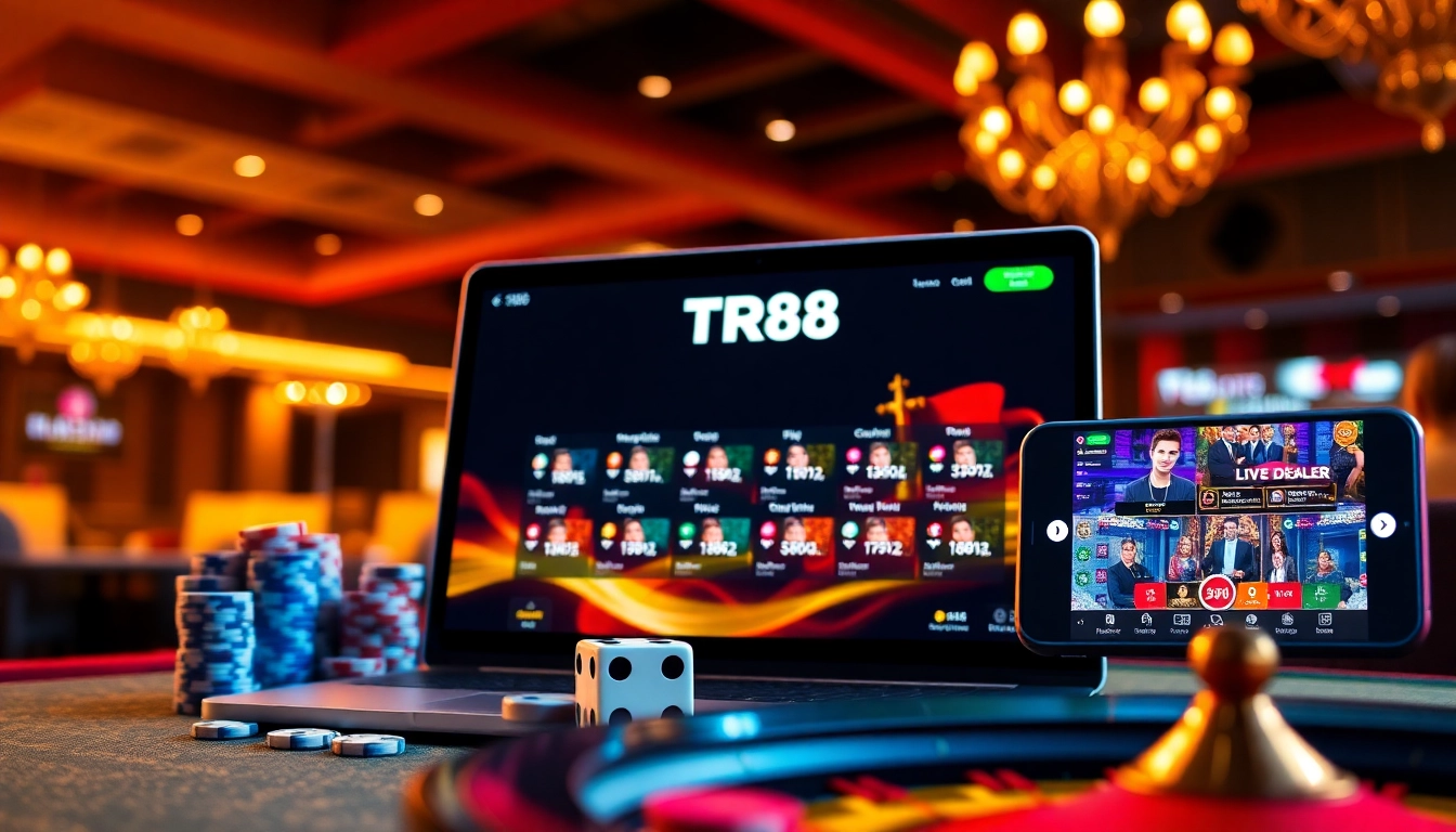 Experience the excitement of TR88 online gambling with vibrant poker chips and roulette.