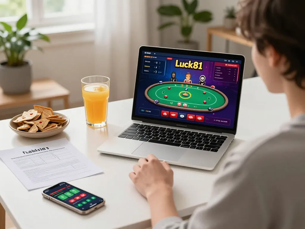 Engaging in online poker gameplay on luck81 platform from a cozy home office.