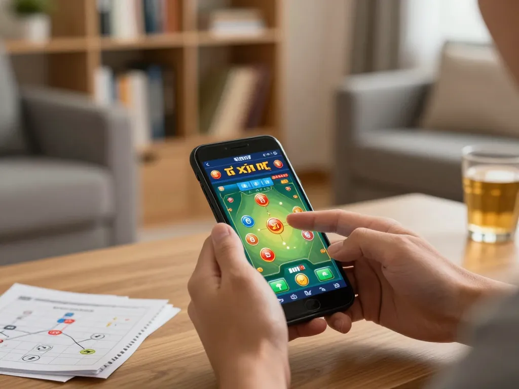 Tài xỉu online gameplay on a smartphone in a cozy living room, emphasizing strategy and fun.