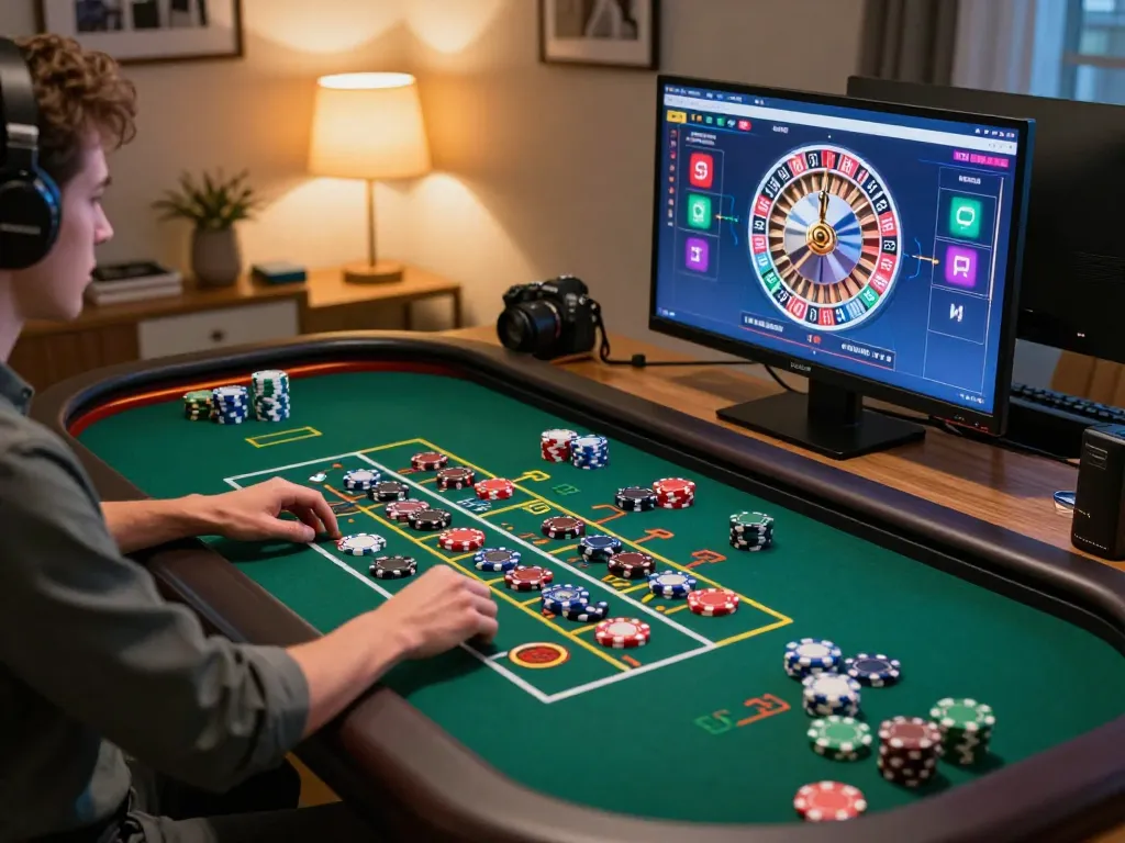 Engaging in online roulette games with VT88 on a vibrant home gaming setup.