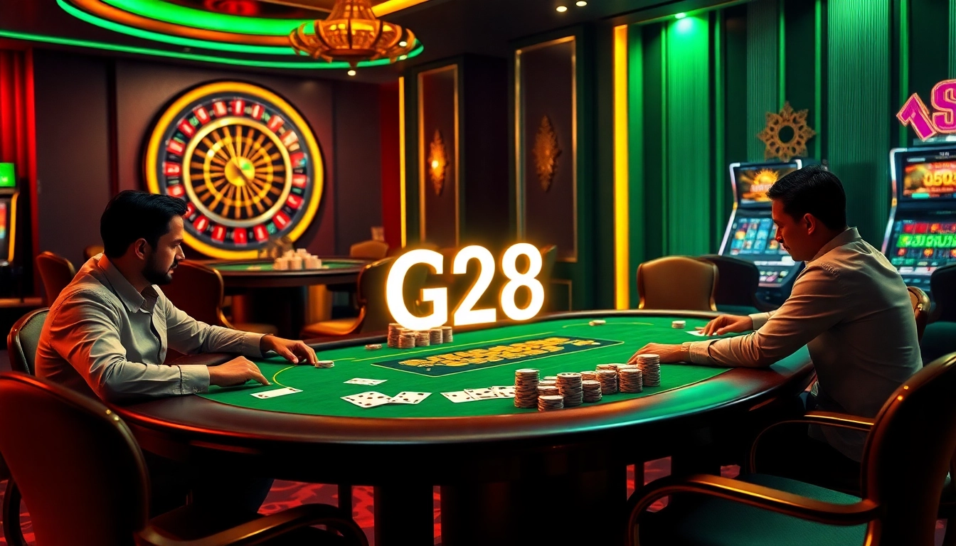 Players strategizing at a poker table with G28 branding prominently displayed in a luxurious casino setting.