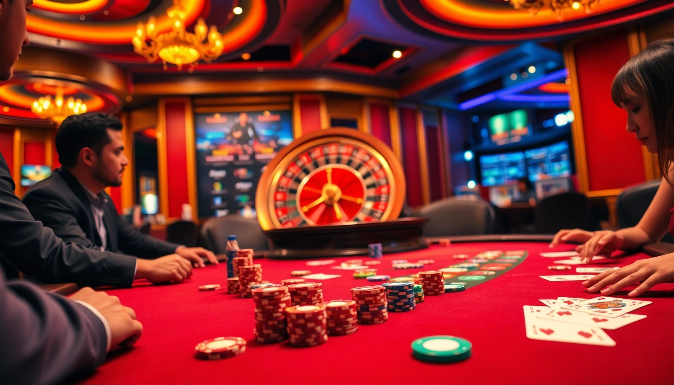 A thrilling poker game at cm888.mobi casino, featuring vibrant chips and engaged players.