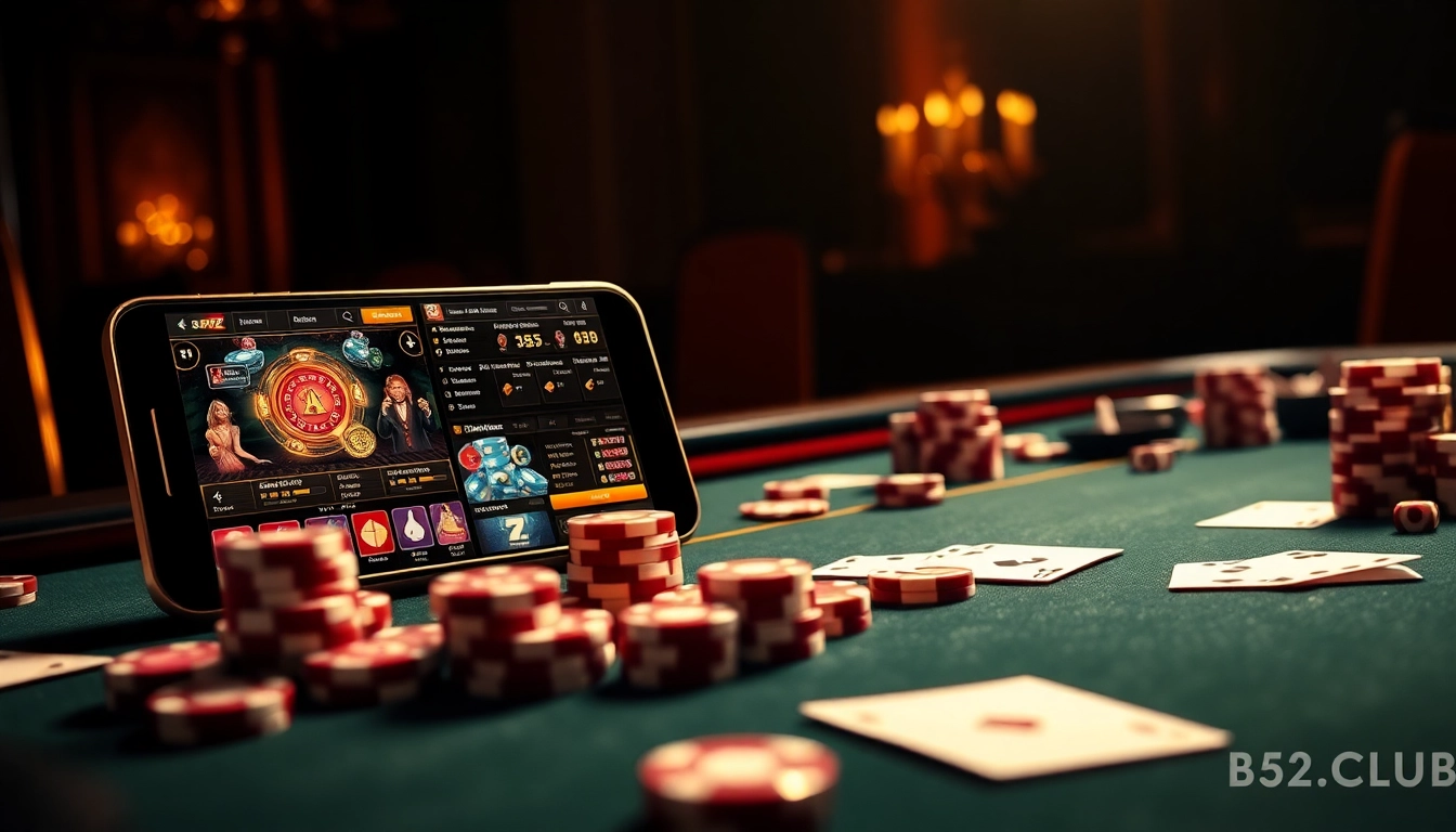 The B52 CLUB gaming experience, featuring chips, cards, and a sophisticated online interface.