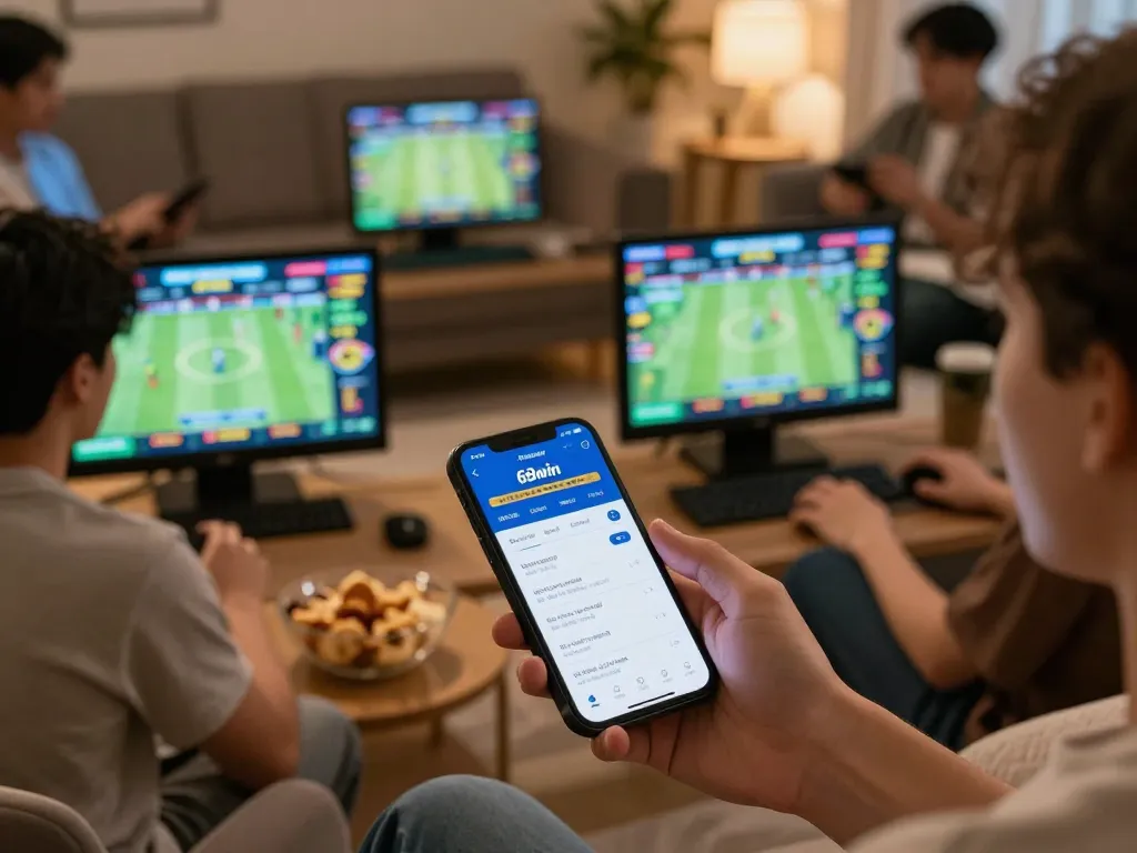 Exciting online sports betting session on 68win mobile app in a cozy living room.