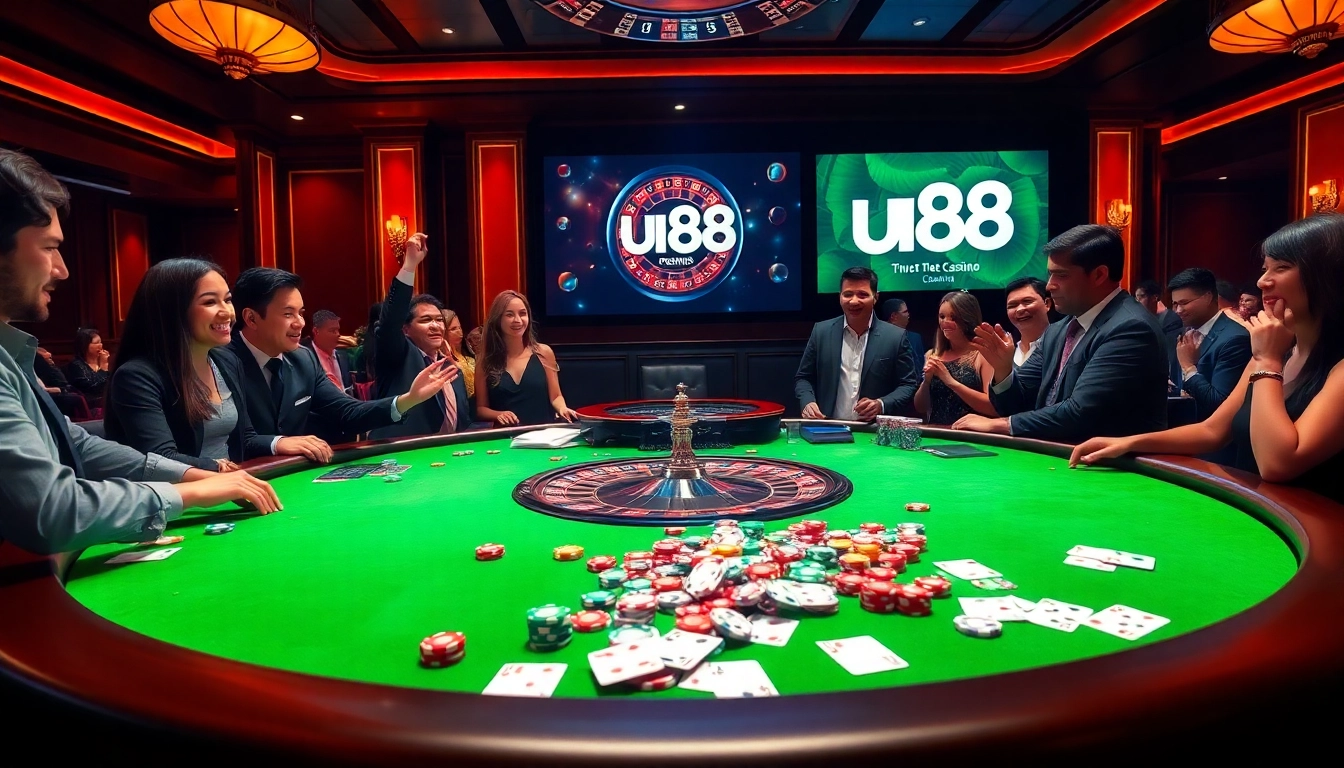 Players enjoying a thrilling gaming experience at uu88 casino table with vibrant poker chips.