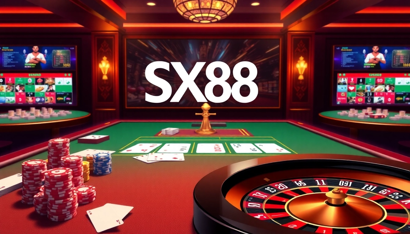 SX88 casino atmosphere with luxurious gaming tables, bright poker chips, and a roulette wheel.