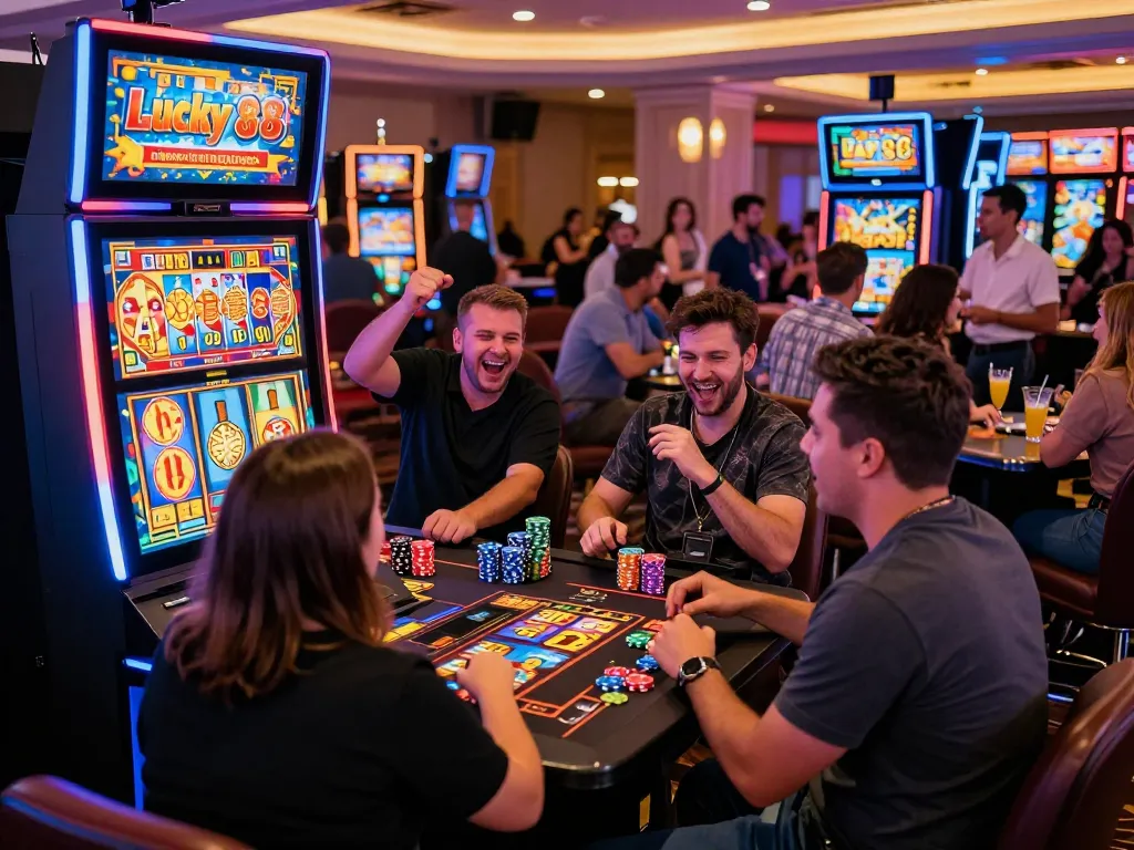 Players enjoying the Lucky 88 slot machine experience in a vibrant casino setting.