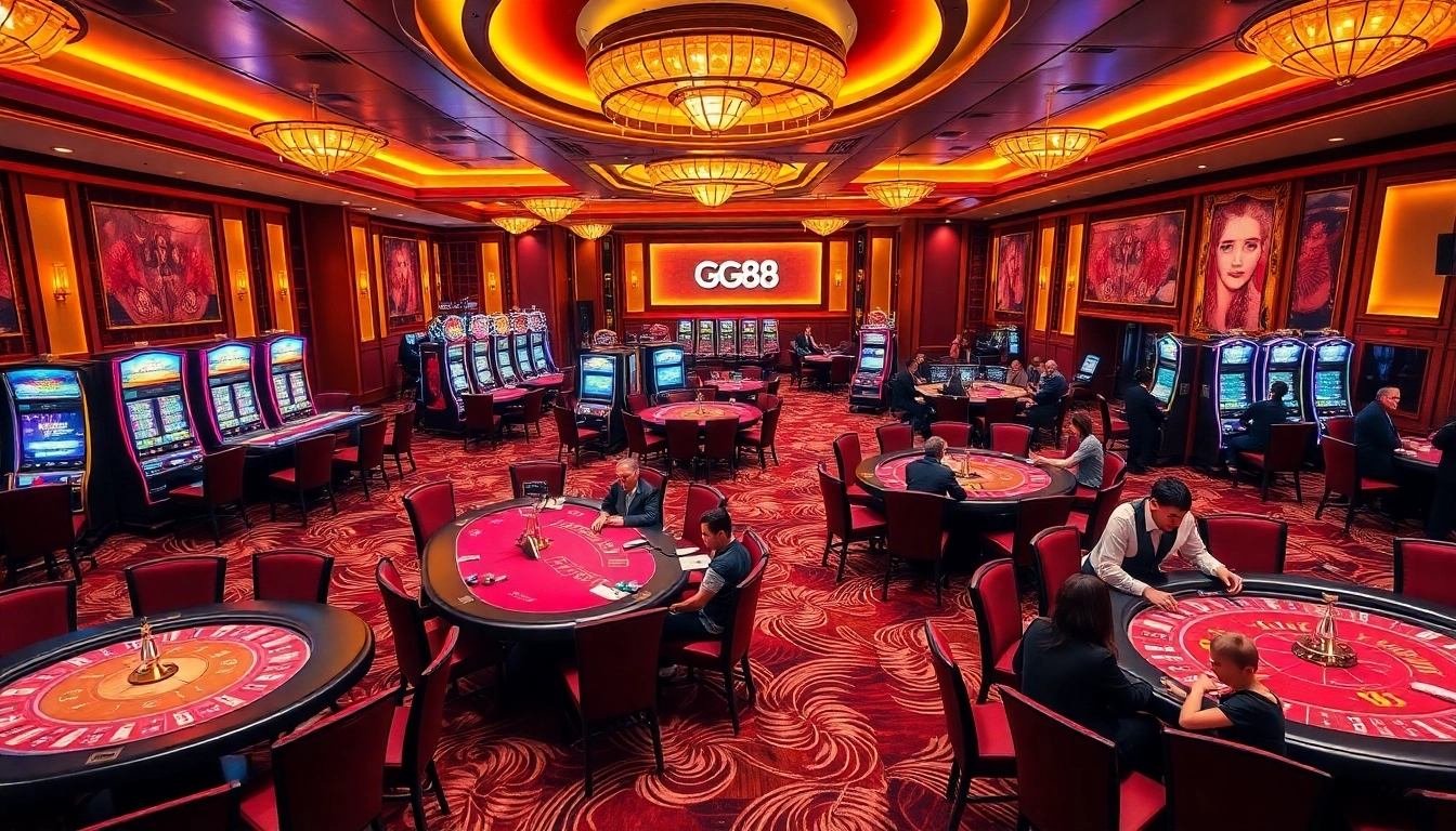GG88 casino scene showcasing vibrant gaming tables and excited players.