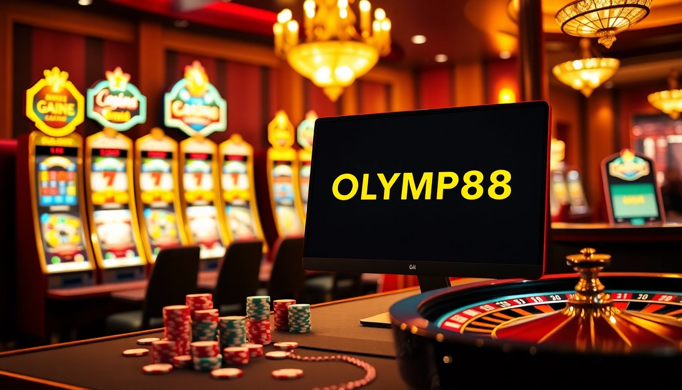 Participants engaging in online gaming at OLYMPUS88, surrounded by poker chips, slot machines, and a roulette wheel.