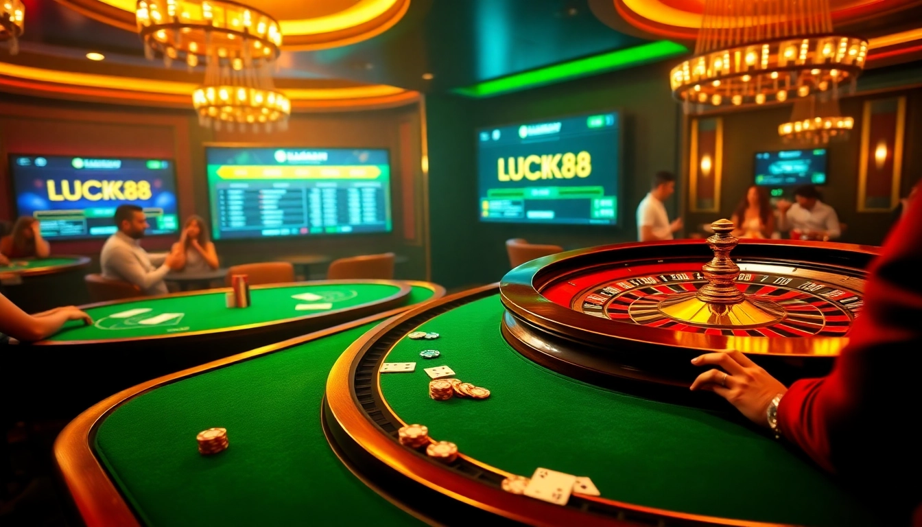 Experience thrilling gameplay with LUCK8 at luxurious casino tables featuring poker chips and cards.