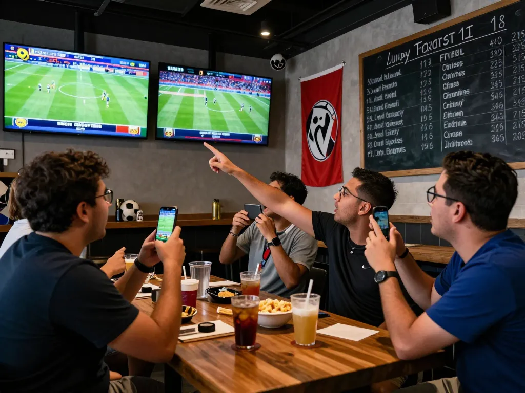 Football fans engaging in a lively sports bar, viewing kqbd updates and highlights amidst snacks and excitement.