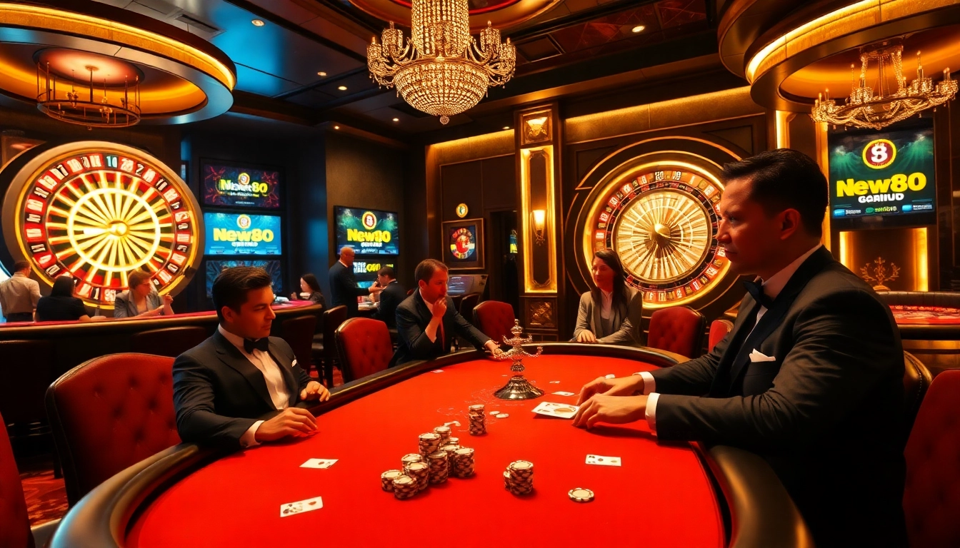 Engage in thrilling casino games at https://new88.gold/ with vibrant poker tables and roulette wheel.