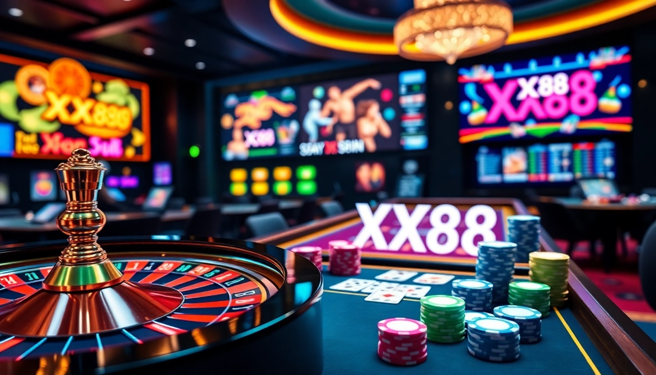 Experience excitement with gambling action at https://xx88.forex/ featuring roulette wheels and poker chips.