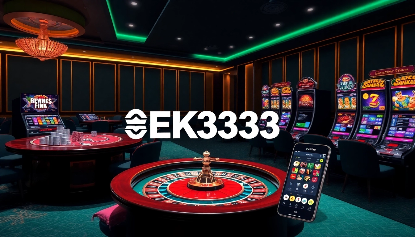 Experience thrilling gameplay at EK333 with a luxurious casino atmosphere featuring poker chips and roulette.