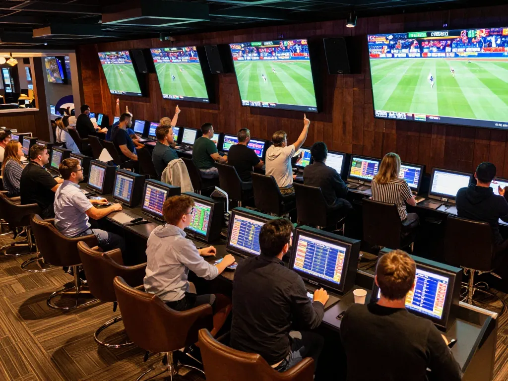 Engaged bettors placing bets on NK88 at a lively sports betting venue, live games on screens.
