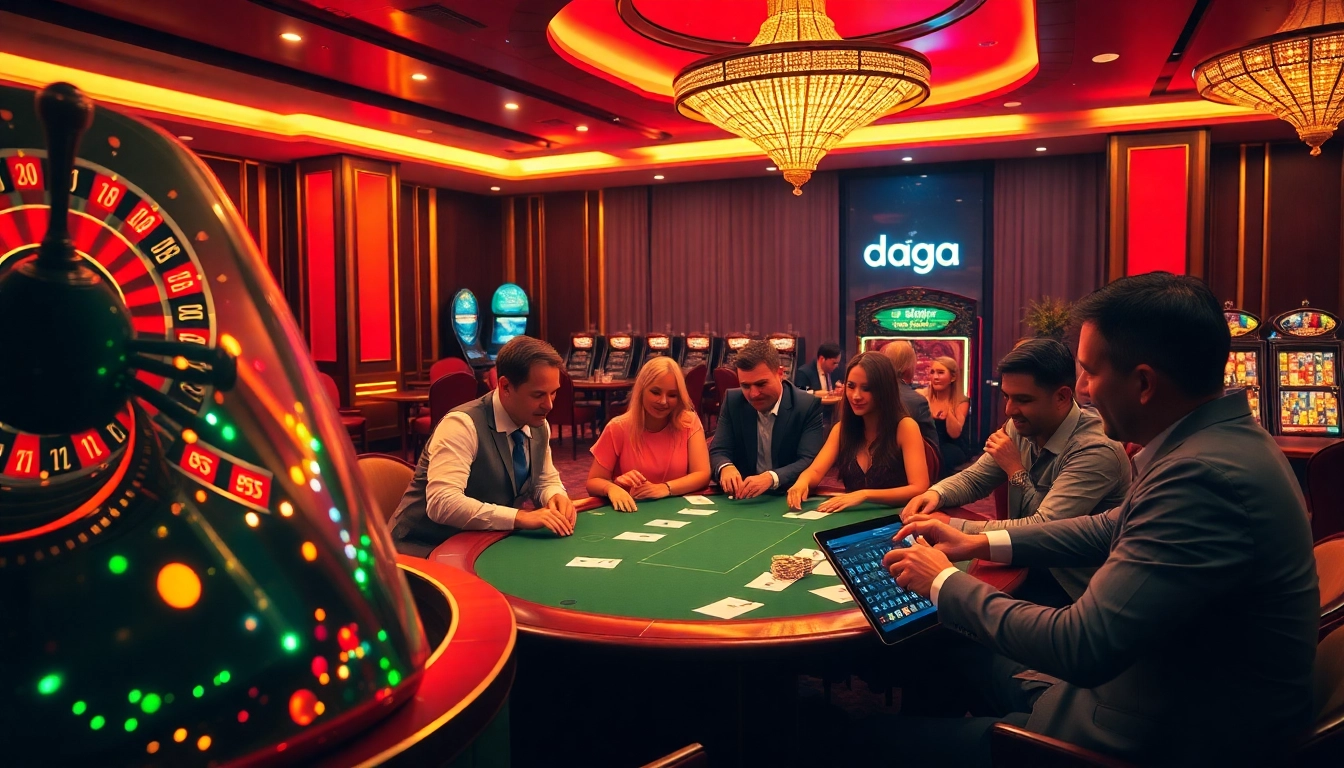Experience luxurious gambling at a casino with daga-themed poker games and vibrant roulette wheels.
